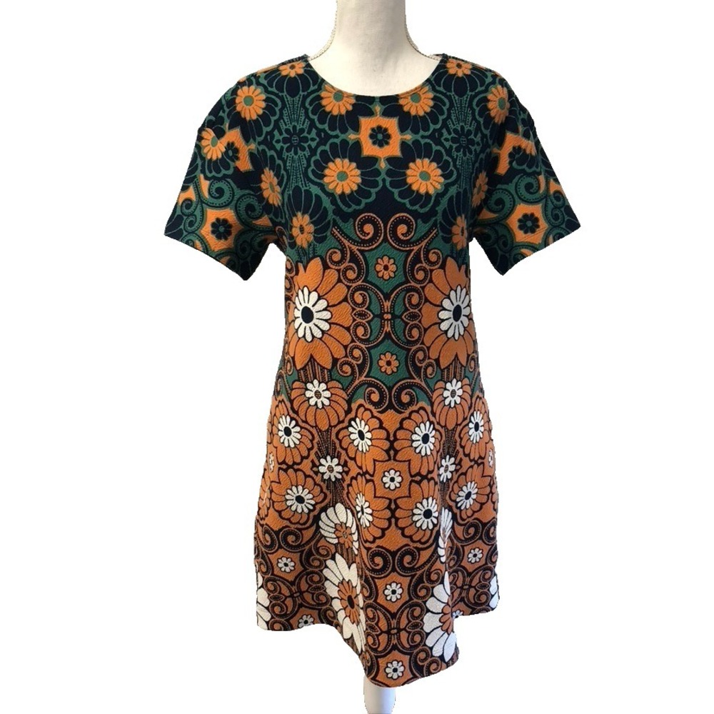 Maeve Anthropologie A Line Dress Womens Small Orange Blue Floral Retro 70s 80s